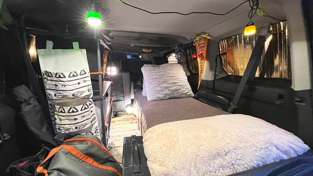 goal zero string lights in a camper van