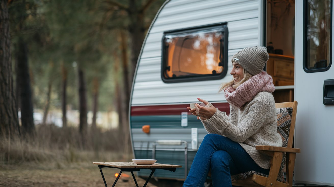 woman Staying warm in a small camper