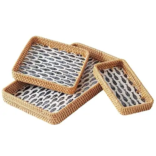 Set of 3 Rectangle Rattan Trays